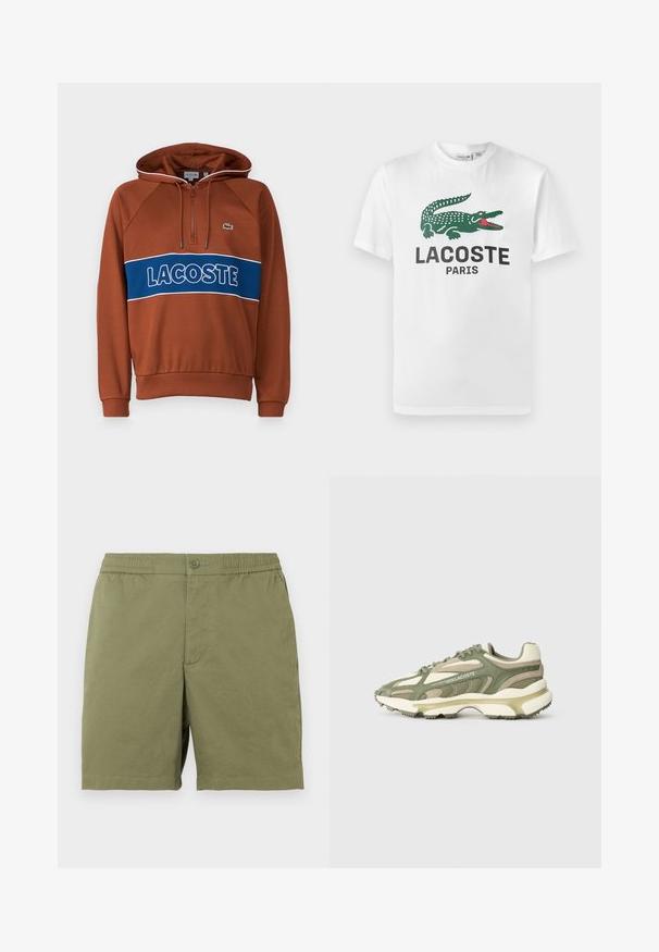 Bruine hoodie met een ritssluiting bij de nek, contrasterende blauwe band met de tekst "LACOSTE", boordjes aan de mouwen, en een klein logo op de borst.; Lacoste T-shirt print - white; Olijfgroene shorts gemaakt van lichtgewicht stof, met een elastische tailleband en een knoopsluiting, en een eenvoudige, gladde textuur.; Groene en beige sportsneakers met een bovenwerk van mesh en suède, een gestructureerde tussenzool, zichtbaar vetersysteem en een gedetailleerd reliëflogo.