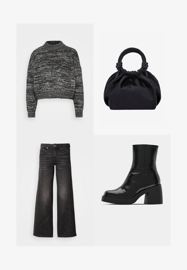 Vero Moda Petite VMDAIMA - Striktrøje - black/birch/silver; Sorte vidde-ben denimjeans med falmede detaljer, fem-lomme design, knap- og lynlåslukning.; Sorte ankelstøvler med en blank finish, firkantet tå og en tyk blokhæl. Designet har en strømlinet silhuet og minimal branding.; Sort blød stofhåndtaske med samlet top og cirkulære polstrede håndtag bundet med knuder på hver side.