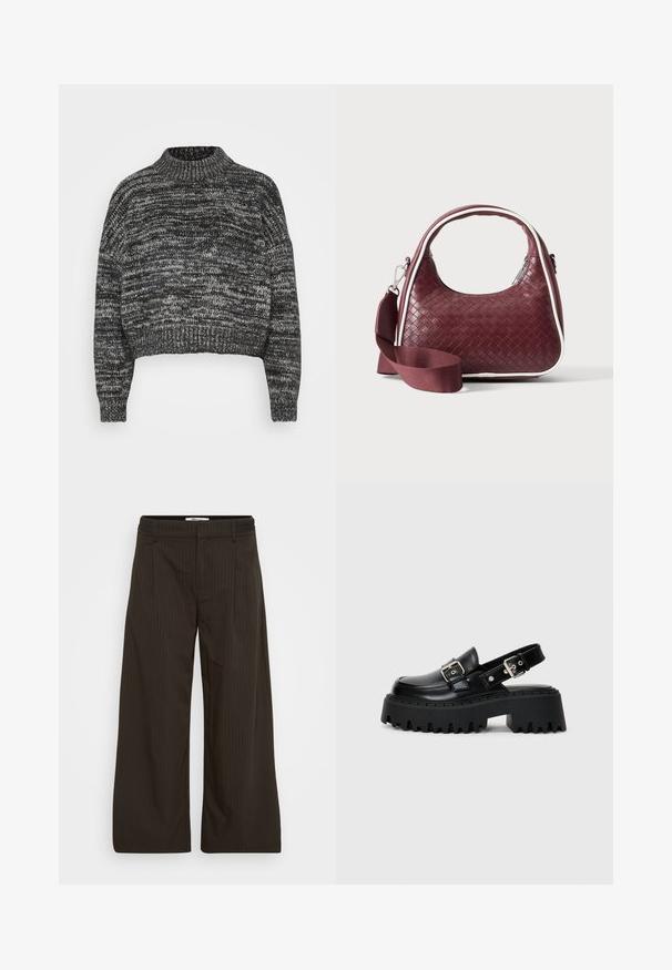 Vero Moda Petite VMDAIMA - Strickpullover - black/birch/silver; Dunkelbraune, weit geschnittene Hosen mit dünnen vertikalen Nadelstreifen, Gürtelschlaufen und einem Frontreißverschluss.; Schwarze Plateausandalen aus glänzendem Leder, mit einem Schnallenriemen und einer strukturierten, dicken Sohle mit ausgeprägten Rillen.; Dunkelrote gewebte Ledertasche mit gebogenem Griff, weißem Besatz, silbernem Reißverschluss und abnehmbarem breitem Stoff-Schulterriemen vor einfarbigem Hintergrund.