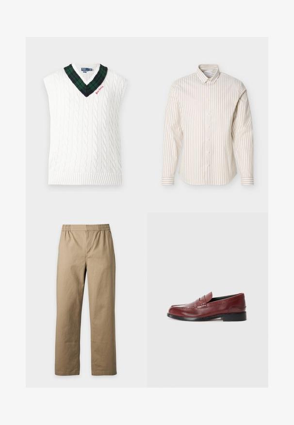 Hvid kabelstrikket ærmeløs sweatervest med grøn og sort ternet V-udskæring samt lille rød "Polo Tennis" brodering.; Beige og hvid langærmet skjorte med lodrette striber og knapper foran, med en knaplukket krave, vist på en ensfarvet hvid baggrund.; Beige bukser med elastisk talje og lige ben, lavet af ensfarvet stof, vist mod en lys grå baggrund.; Burgunderfarvet læder loafer med en glat finish, dekorativ søm og en rund tå. Har en lav sort hæl.