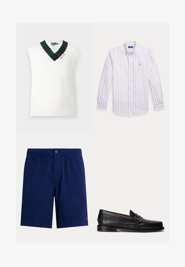 Gilet sans manches en maille torsadée blanche avec col en V à carreaux verts et noirs et petite broderie rouge "Polo Tennis".; Chemise blanche à manches longues avec des rayures verticales violet clair, col boutonné et petit logo brodé sur la poitrine.; Shorts homme bleu marine avec taille élastique, fermeture par bouton et petit logo rouge brodé sur le bas de la jambe droite.; Mocassin en cuir noir avec un petit talon et une bride penny, vu de côté sur un fond gris clair.