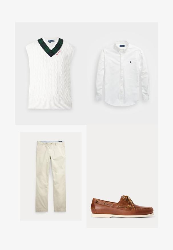 Weißer kabelgestrickter ärmelloser Pullover mit grün-schwarzem kariertem V-Ausschnitt und kleiner roter „Polo Tennis“-Stickerei.; Weißes Button-Down-Hemd aus Baumwolle. Verfügt über einen spitzen Kragen, lange Ärmel und ein kleines marineblaues Logo auf der Brust. Glatte Textur.; Beige Baumwollhosen mit geradem Bein, Gürtelschlaufen, vorderem Knopf, Reißverschluss und Seitentaschen.; Brauner Leder-Bootsschuh mit weißer Sohle, oben geschnürte Schnürsenkel und Metallösen entlang der Seiten und der vorderen Naht.