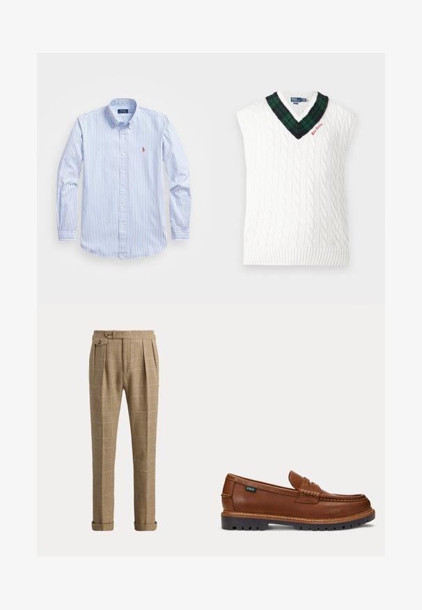 Λευκό πλεκτό αμάνικο γιλέκο με σχέδιο καλωδίου, V-λαιμόκοψη σε πράσινο και μαύρο καρό και μικρή κόκκινη κέντηση "Polo Tennis".; Πουκάμισο με κουμπιά σε ανοιχτό μπλε και λευκές ρίγες, με γιακά, μακριά μανίκια και μικρό λογότυπο στο στήθος. Υλικό από βαμβάκι.; Καφέ και μπεζ καρό παντελόνια με πιέτες, γυρισμένα τελειώματα και τσεπάκι στο πλάι με κουμπί σε ουδέτερο φόντο.; Καφέ δερμάτινο μοκασίνι με ραμμένες λεπτομέρειες, ανθεκτική μαύρη σόλα και μικρή ετικέτα "Polo" στο πλάι.