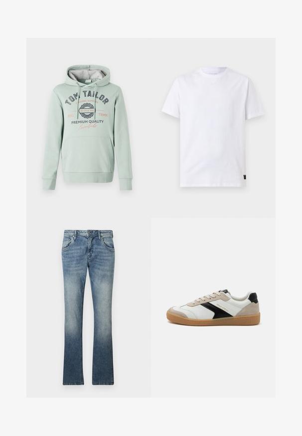 TOM TAILOR Kapuzenpullover - dust green; Schlichtes weißes T-Shirt mit kurzen Ärmeln und Rundhalsausschnitt mit einem kleinen schwarzen Pflegeetikett am unteren Saum auf hellgrauem Hintergrund.; Helleblaue Bootcut-Jeans aus Denim mit einem Farbverlauf, Fünf-Taschen-Design, Metallknopfverschluss und sichtbarem Stich entlang der Nähte.; Weiße und schwarze Sneaker mit beigen Akzenten, aus Leder und Wildleder gefertigt. Verfügt über eine strukturierte Gummisohle und Branding an der Seite. Niedriges Design.