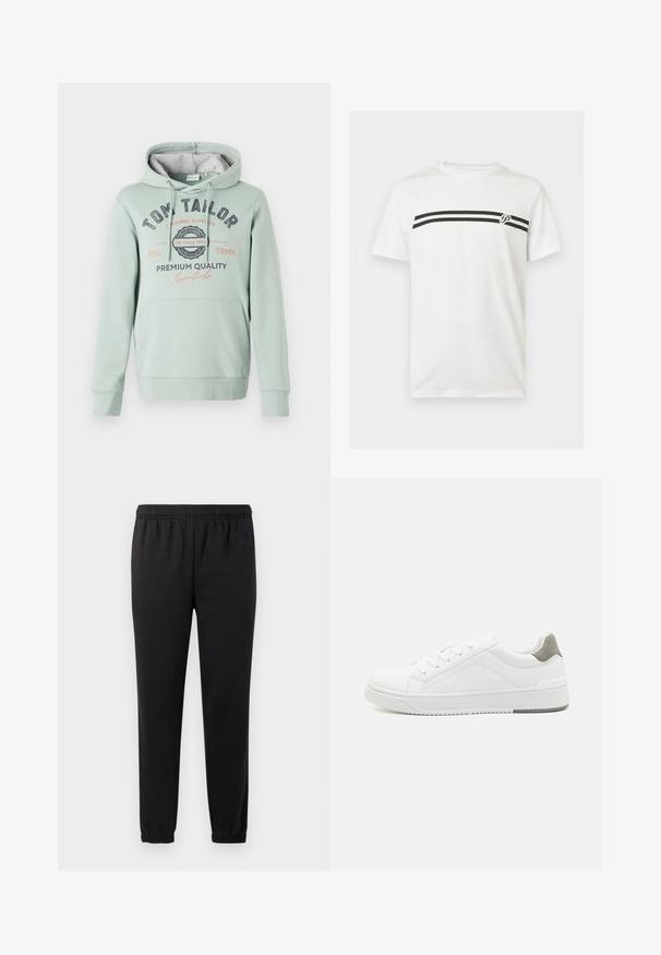 TOM TAILOR Kapuzenpullover - dust green; Weißes Kurzarm-T-Shirt mit zwei horizontalen schwarzen Streifen über der Brust und einem kleinen "P"-Logo auf der rechten Seite.; Schwarze Jogginghose mit elastischem Bund, schmal zulaufenden Beinen und strukturiertem Stoff. Verfügt über ein dezentes Logo-Detail auf der linken Seite.; Weißer Sneaker aus glattem Leder, runde Zehenpartie, minimalistisches Design, graue Fersenkante und strukturierte Gummisohle.