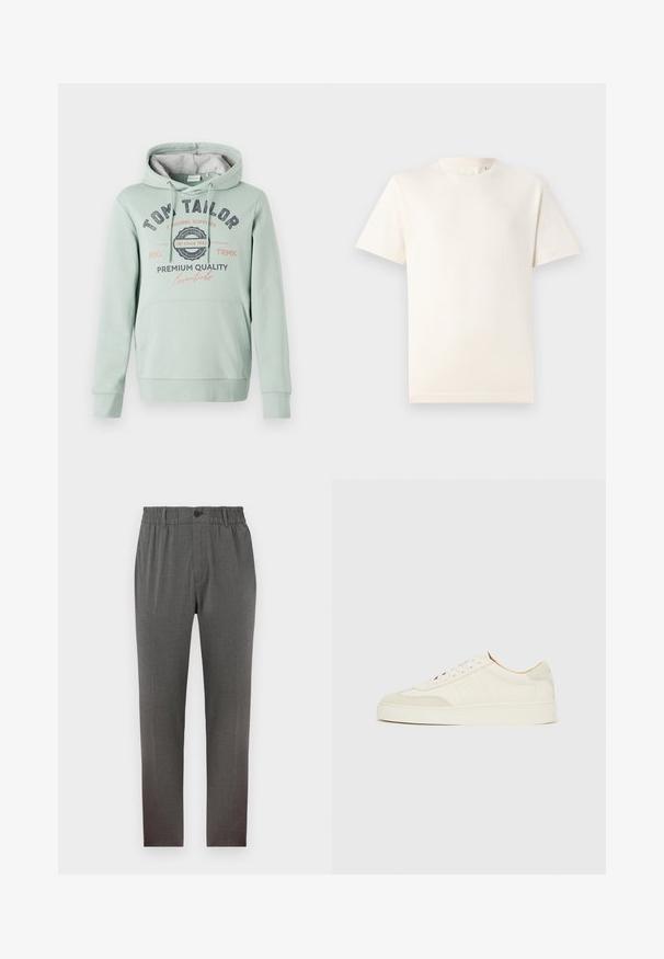TOM TAILOR Kapuzenpullover - dust green; TOM TAILOR BASIC CREW NECK - T-Shirt basic - smooth light sand; Graue Hose mit maßgeschneidertem Design, ausgestattet mit einem elastischen Bund, Knopfverschluss und geraden Beinen; gefertigt aus weichem, strukturiertem Stoff.; Weiße Wildleder-Sneaker mit glatter Oberfläche, rundem Zehenbereich, flachem Schnürdesign und kontrastierenden, strukturierten Akzenten. Mit einem dezenten Logodetail versehen.
