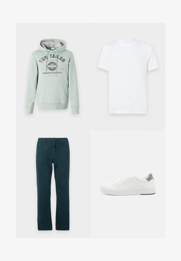 TOM TAILOR Sweat à capuche - dust green; T-shirt en coton blanc avec un col rond et des manches courtes. Présente un petit logo en relief sur le côté gauche de la poitrine. Texture lisse.; Jean droit bleu canard avec fermeture à bouton et zip à l'avant, poches avant et arrière, présenté à plat sur fond blanc.; Basket blanche en cuir lisse, à bout arrondi, design minimaliste, accent de talon gris et semelle en caoutchouc texturé.