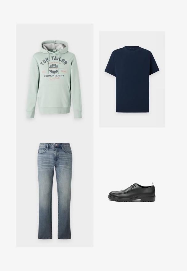 TOM TAILOR Hættetrøje - dust green; Enkelt mørkeblåt T-shirt med korte ærmer og rund hals på hvid baggrund, der viser forfra uden synlige logoer eller designs.; Lysvasket denimbukser med lige ben, fem-lomme stil, metalknaplukning og subtile falmede detaljer.; Sorte lædersko med en glat overflade, rund tå og dekorativ stikning. Har en gummisål med skridsikre spor og snørebåndsdesign.
