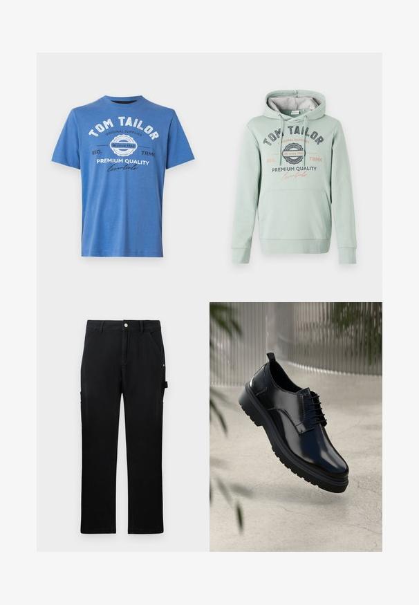 TOM TAILOR Kapuzenpullover - dust green; Blaue kurzärmlige T-Shirt aus Baumwolle. Mit bedrucktem Text "TOM TAILOR" und Logo. Klassischer Rundhalsausschnitt und gerader Saum.; Schwarze gerade Arbeits hose mit vorderen Taschen, Gürtelschlaufen, Knopfverschluss und seitlicher Werkzeugschlaufe auf einfarbigem Hintergrund.; Schwarzer Lederschuh mit glänzender Oberfläche, runder Spitze, Schnürdesign, kontrastierenden Nähten und einer dicken Gummisohle mit Profilmuster.