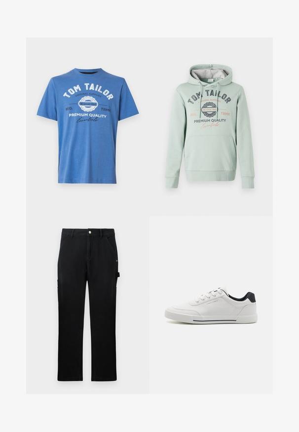 TOM TAILOR Mikina s kapucňou - dust green; Modrá tričko s krátkym rukávom vyrobené z bavlny. Obsahuje potlačený text s "TOM TAILOR" a logom. Klasický okrúhly výstrih a rovný lem.; Čierne rovné pracovné nohavice s prednými vreckami, pútkami na opasok, gombíkovým zapínaním a bočným pútkom na náradie na jednofarebnom pozadí.; Biele tenisky s hladkým syntetickým zvrškom, okrúhlou špičkou, šnurovaním, námorníckym akcentom na päte a textúrovanou gumovou podrážkou s čiernym pruhom.