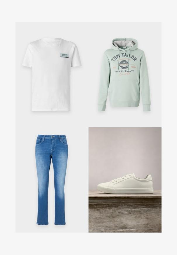 TOM TAILOR Jersey con capucha - dust green; Camiseta de algodón blanca con un pequeño parche de logo azul y negro en el pecho. El diseño es simple, con cuello redondo y mangas cortas.; Vaqueros de denim azul con un corte recto, que cuentan con cinco bolsillos, un cierre de cremallera y costuras en contraste. La tela tiene un lavado medio con decoloración.; Zapatilla blanca con cordones flotando sobre un banco de madera con follaje verde al fondo, mostrando el diseño y la textura del zapato.