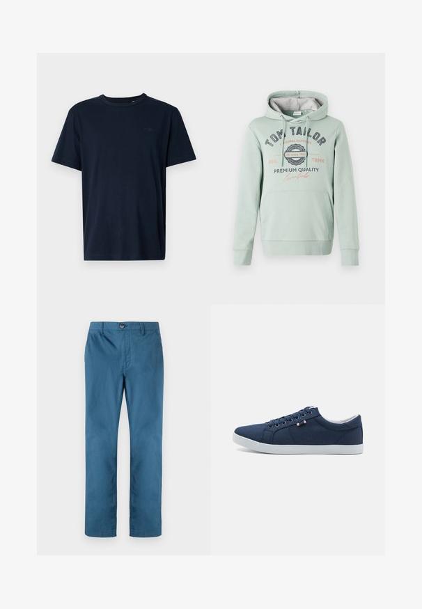 TOM TAILOR Mikina s kapucňou - dust green; Námornícky modré tričko s krátkym rukávom vyrobené z jemného materiálu, s okrúhlym výstrihom, na ktorom je na hrudi potlačené malé logo a rok "1962".; TOM TAILOR REGULAR WASHED - Nohavice chinos - real teal blue; Námornícky modré plátenné tenisky s bielymi gumovými podrážkami, okrúhlou špičkou a šiestimi pármi dierok na šnúrky. Na boku sa nachádza logo.