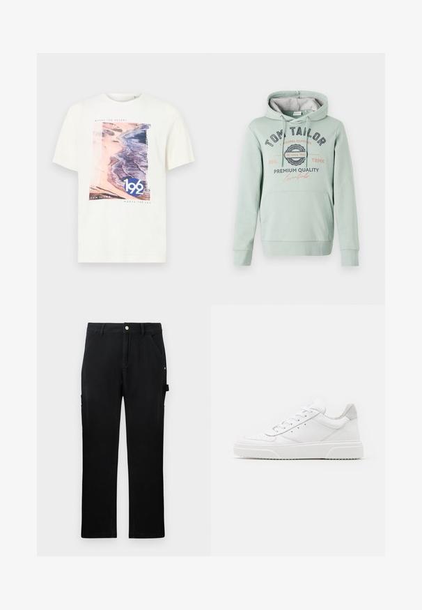 TOM TAILOR Sweat à capuche - dust green; T-shirt blanc à manches courtes présentant un graphique de scène de plage en rose et bleu avec le texte "192" et "TOM TAILOR MEETS THE SEA". Tissu en coton doux.; Pantalons de travail noirs à jambes droites avec poches avant, passants de ceinture, fermeture à bouton et boucle latérale pour outils sur fond uni.; Des baskets en cuir blanc avec une finition lisse, un bout rond, des lacets plats et une semelle texturée. Accents en daim gris au niveau du talon.