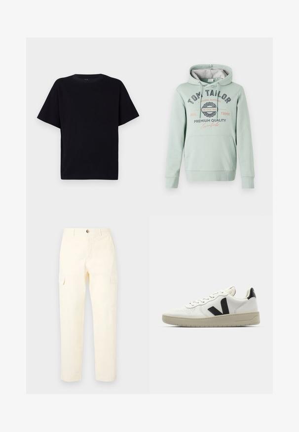 TOM TAILOR Hættetrøje - dust green; Sort kortærmet t-shirt med rund halsudskæring. Fremstillet af blødt stof, med en afslappet pasform og uden synlige mønstre eller detaljer.; Lys gule cargobukser lavet af bomuld, med sidelommer og lige ben design, med en knaplukning i taljen.; Hvide lædersneakers med sort V-logo, perforeret tå, cremet gummisål, flade snørebånd og minimalistisk design.