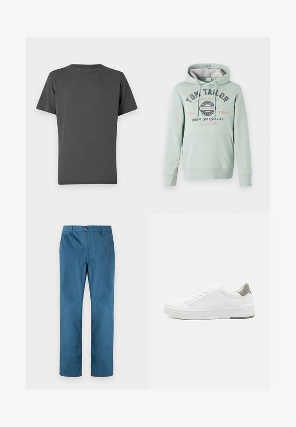 TOM TAILOR Jersey con capucha - dust green; Camiseta de cuello redondo en gris oscuro, de manga corta, hecha de tejido suave. Presenta un logotipo sutil en la parte frontal, textura lisa y costuras mínimas.; TOM TAILOR REGULAR WASHED - Pantalones chinos - real teal blue; Zapatilla blanca con material de cuero liso, punta redonda, diseño minimalista, acento gris en el talón y suela de goma texturizada.