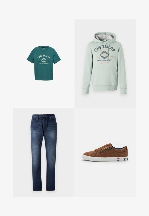 TOM TAILOR Hættetrøje - dust green; Teal kortærmet t-shirt lavet af bomuld med rund halsudskæring og hvid tekst "TOM TAILOR" samt design detaljer på forsiden.; Mørkeblå denimjeans med lige ben design, der har en falmet vask, fem lommer og synlige stikninger langs sømmene.; Brune lædersneaker med hvid gummisål, snøring foran, lynlås i siden og logo accenter i rød, hvid og blå på hælen.