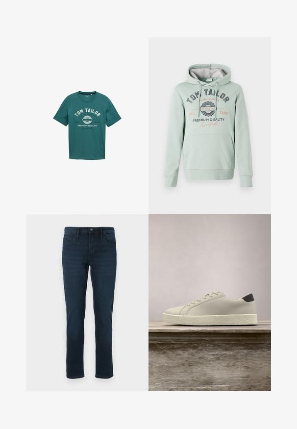 TOM TAILOR Kapuzenpullover - dust green; Türkisfarbiges T-Shirt mit kurzen Ärmeln aus Baumwolle, mit Rundhalsausschnitt und weißem Drucktext "TOM TAILOR" sowie Designdetails auf der Vorderseite.; Dunkelblaue Denim-Jeans mit geradem Bein, fünf Taschen, einem Knopfverschluss und dezentem Verblassen an der Vorderseite.; Weißer Sneaker mit strukturierter Sohle und schwarzem Absatzdetail, schwebend über einer Holzbank mit hohem grünem Gras im Hintergrund.