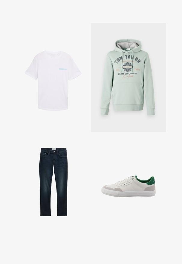 TOM TAILOR Sweat à capuche - dust green; T-shirt en coton blanc avec des manches courtes, un col rond et un imprimé rectangulaire bleu clair sur la zone gauche de la poitrine. Texture lisse.; Jeans en denim bleu foncé à coupe slim, dotés de cinq poches, d'une fermeture à bouton et d'un léger dégradé sur le devant pour ajouter de la texture.; Baskets basses blanches avec intérieur et talon verts, accents beige sur l'avant, lacets blancs et logo "Tom Tailor" sur le côté.