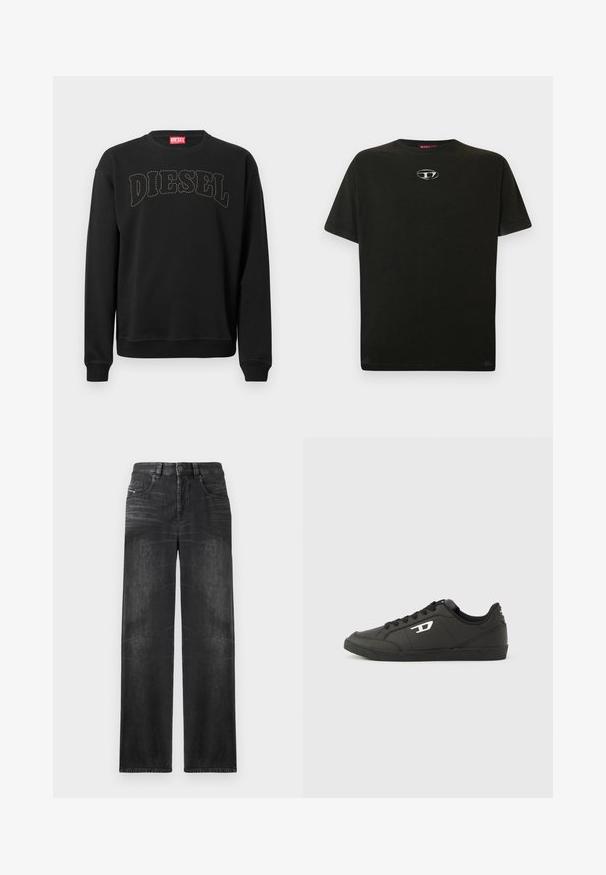 Schwarzer Pullover aus Baumwolle mit auffälliger "DIESEL"-Beschriftung in kontrastierender Naht. Klassischer Rundhalsausschnitt und gerippte Bündchen.; Schwarzes Baumwoll-T-Shirt mit kurzen Ärmeln, Rundhalsausschnitt und einem kleinen metallischen Logo auf der Brust. Glatte Textur und gerader Schnitt.; Schwarze gerade Jeans aus Denim, mit fünf Taschen, Gürtelschlaufen und subtiler Ausbleichung des Stoffes für Textur.; Schwarze Sneakers aus synthetischem Material mit einer strukturierten schwarzen Sohle, rundem Zehenbereich und flachen schwarzen Schnürsenkeln. Auffälliges weißes Logo auf der Außenseite.