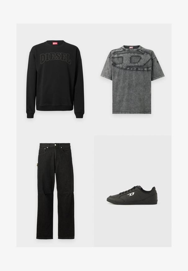 Schwarzer Pullover aus Baumwolle mit auffälliger "DIESEL"-Beschriftung in kontrastierender Naht. Klassischer Rundhalsausschnitt und gerippte Bündchen.; Graues Denim-T-Shirt mit kurzen Ärmeln, das ein strukturiertes Patch-Design über der Brust und dezente Used-Effekte im Stoff aufweist.; Schwarze Denim-Hosen mit geradem Bein, ausgestattet mit Fronttaschen, einem Knopfverschluss und minimalistischer Hardware für einen klaren Look.; Schwarze Sneakers aus synthetischem Material mit einer strukturierten schwarzen Sohle, rundem Zehenbereich und flachen schwarzen Schnürsenkeln. Auffälliges weißes Logo auf der Außenseite.