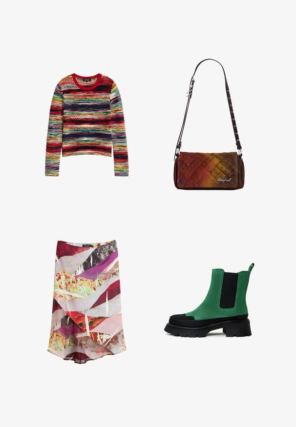 Trui met lange mouwen van gebreide stof met horizontale strepen in rood, geel, groen, blauw en wit, met een rood ronde halslijn.; Midi-rok met abstracte meerkleurige print in rood, roze, paars, geel en wit, met gelaagde stof en een subtiele A-lijnsilhouet.; Groene suède enkellaars met zwarte elastische zijpanelen en een dikke, grof profielzool. Voorzien van een lus aan de achterkant voor gemakkelijke instap.; Rechthoekige crossbodytas met verstelbare donkerbruine riem, voorzien van geweven textiel in een rood-oranje-bruin verloop met klein logo.