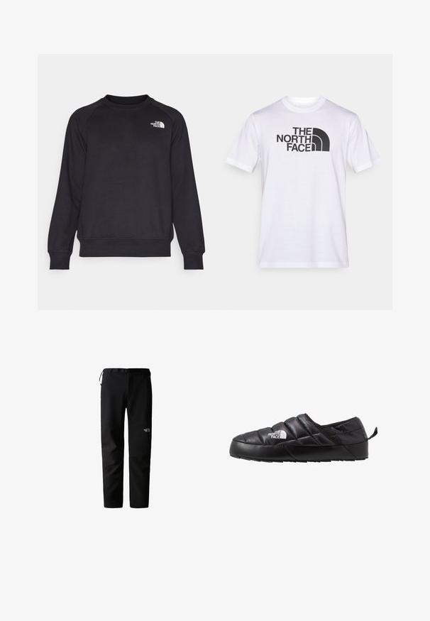 Sort sweatshirt med ribbet rund hals, lange raglanærmer og et lille hvidt logo på venstre bryst. Lavet af blødt, holdbart stof.; Hvid bomuld t-shirt med et sort logo af "THE NORTH FACE" og et buet designelement. Kortærmet og med rund hals.; Sorte udendørsbukser med et strømlinet design, lavet af et slidstærkt, letvægtsstof. Har bælte, sidelommer og et logo på låret.; Sort slip-on sko med et quiltet design, lavet af polstret materiale. Har en struktureret gummisål og et lille trækstrop bagpå.