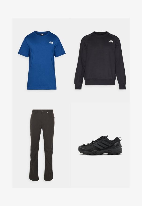 Sudadera negra con cuello redondo acanalado, mangas raglán largas y un pequeño logo blanco en el pecho izquierdo. Está hecha de una tela suave y duradera.; Camiseta corta de manga azul hecha de tejido suave, con cuello redondo y un pequeño logotipo blanco en el pecho. Diseño sencillo sin patrones.; Pantalones negros de pierna recta con una textura de tela suave, bolsillos frontales y cierre de botón plateado. Diseño simple y líneas limpias.; Zapatilla deportiva negra con una parte superior de malla texturizada, acentos sintéticos contrastantes y una suela de goma resistente. Presenta un sistema de cordones seguro y una lengüeta trasera.
