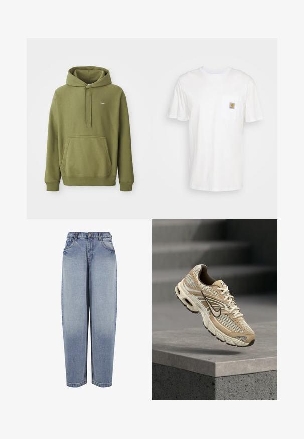 Sudadera verde oliva con bolsillo frontal, capucha ajustable con cordón, puños y dobladillo acanalados, y pequeño logo de Nike en blanco en el pecho.; Camiseta de algodón blanca con mangas cortas, un bolsillo en el pecho y un pequeño parche cuadrado de logo en naranja y blanco en el bolsillo.; Vaqueros azules de mezclilla de tiro alto y corte holgado, con bolsillos delanteros, trabillas para cinturón, cierre de botones y detalles desgastados a lo largo de las piernas.; Zapatilla de running Nike beige y blanca con paneles de malla y el swoosh negro, flotando sobre un borde de hormigón con escaleras desenfocadas al fondo.