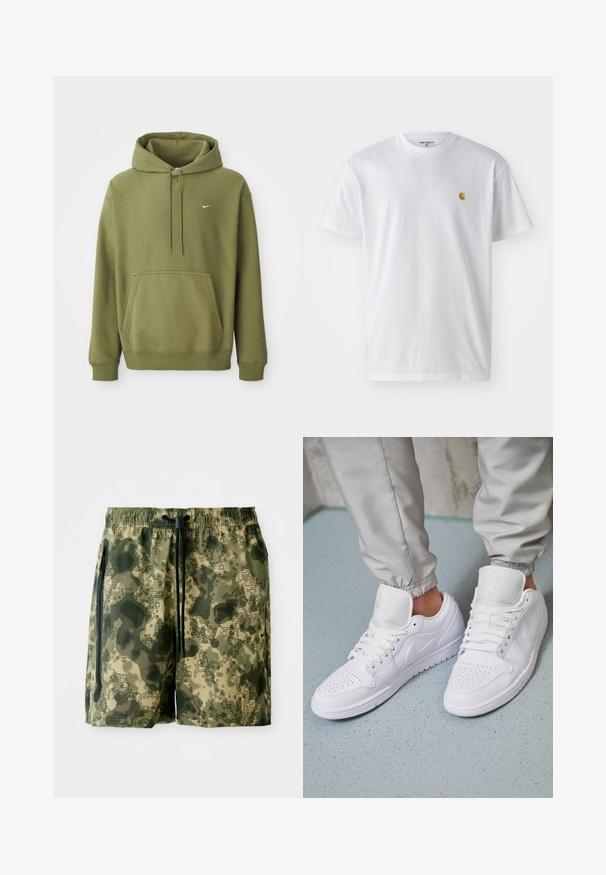 Olive rohelise kapuutsiga dressipluus, ees suure taskuga, reguleeritava nööriga kapuuts, soonikkoes varrukad ja ääred ning väike valge Nike logo rinnal.; Valge puuvillane t-särk lühikeste varrukatega, ümmargune kaelus, millel on väike kuldne logo vasakul rinnal. Pehme tekstuur ja regulaarne lõike.; Roheliste toonide kamuflaaži ujumispüksid, valmistatud kergest kangast, millel on elastne vöökoht, pael ja küljetaskud.; Valged nahast tossud sisaldavad perforatsiooni varvaste osas, lame nöörid, pehmendatud kaelus ja Jordani logo keelega. Kanda hallide spordipükstega.