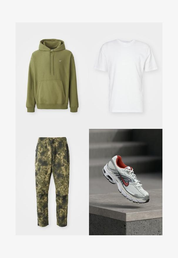 Olive rohelise kapuutsiga dressipluus, ees suure taskuga, reguleeritava nööriga kapuuts, soonikkoes varrukad ja ääred ning väike valge Nike logo rinnal.; Valge puuvillane t-särk lühikeste varrukatega, ümmarguse kaelusega ja siledat tekstuuri. Lihtne disain, ilma mustrite ja graafikateta.; Kamikatsaga rohelise varjundiga digitaalse mustriga. Omab elastset vööd, nööri ja külje vetthülgavaid taskut.; Valge ja hõbedane Nike jooksujalats, millel on punased aksendid, hõljub betoonserva kohal, näidates selle külje ja talla detaile.