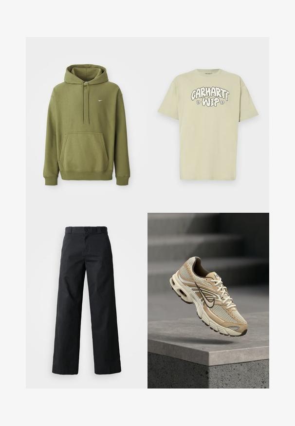 Olivgrüner Hoodie mit vorderer Bauchtasche, verstellbarem Kordelzugkapuze, gerippten Bündchen und Saum sowie kleinem weißen Nike-Swoosh auf der Brust.; Hellgrünes Baumwoll-T-Shirt mit oversized Passform, das vorne einen schwarzen Wolken-ähnlichen Aufdruck mit der Aufschrift "Carhartt WIP 1989" zeigt. Kurze Ärmel, Rundhalsausschnitt.; Schwarze weit geschnittene Baumwollhose. Verfügt über einen Knopfverschluss, Gürtelschlaufen und Seitentaschen. Glatte Textur mit tailliertem Schnitt.; Beiger und weißer Nike Laufschuh mit Mesh-Paneelen und schwarzem Swoosh, schwebt über einem Betonsims mit unscharfen Treppen im Hintergrund.