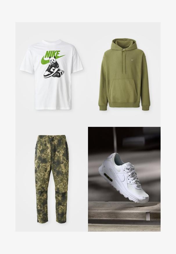 Olivovo zelená mikina s kapucňou, predné vrecko, nastaviteľná kapucňa so šnúrkou, pružné manžety, spodný lem a malý biely Nike swoosh na hrudi.; Biela bavlnená tričko s čierno-bielou grafikou pandy, ktorá drží tenisku Nike, s zeleným logom Nike hore.; Kárované nohavice v rôznych odtieňoch zelenej farby s digitálnym vzorom. Vybavené elastickým pásom, šnúrkou na stiahnutie a bočnými vreckami so zipsom.; Biele tenisky Nike Air Max 90 s vrchnou časťou z kože a sieťoviny, perforovanou špičkou a viditeľnou vzduchovou jednotkou v päte.