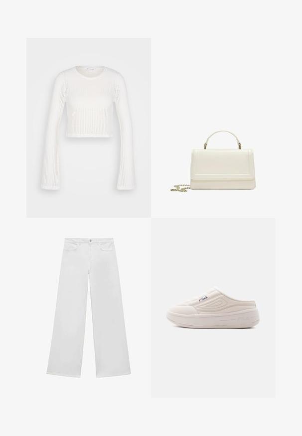 Even&Odd Svetrík - off white; Biele široké denimo nohavice s plochým predným dielom, dvoma prednými vreckami a zapínaním na gombík. Majú rovný strih nohavíc a žiadne viditeľné vzory.; Béžová obuv FILA typu slip-on s prešívaným zvrškom, polstrovaným golierom a textúrovanými bočnými detailmi. Ploché podrážka s jemným logom.; Biela kožená kabelka s pevným obdĺžnikovým tvarom, horným držadlom a odnímateľným reťazovým popruhom. Má jemné švy.