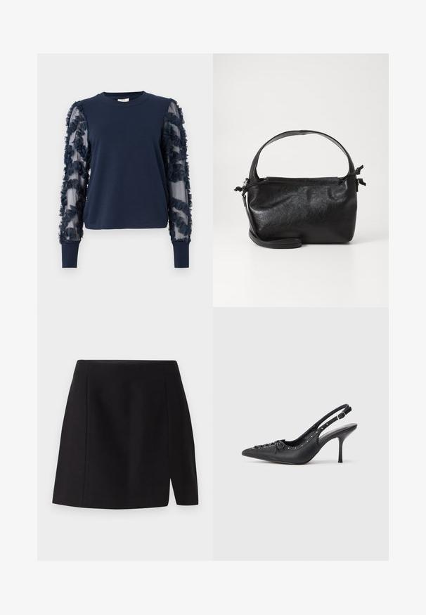 Marineblaues Langarm-Sweatshirt mit gerafften, durchsichtigen Ärmeln. Weicher Stoff, enganliegende Bündchen und Blumenverzierungen an den Ärmeln. Runde Ausschnitt.; Schwarzer Minirock aus glattem Stoff, mit taillierter Passform und einem vorderen Schlitz, der dem schlichten Design eine moderne Note verleiht.; Schwarzer Leder-Slingback-Stiletto mit spitzem Zehenaufsatz, seitlichem Schnallenriemen, Nieten entlang der Kante und dekorativer Schnürung vorne.; Schwarze Lederhandtasche mit strukturiertem Design, rundem Haltegriff und abnehmbarem Schulterriemen. Sie weist eine glatte Oberfläche und einen subtilen Glanz auf.
