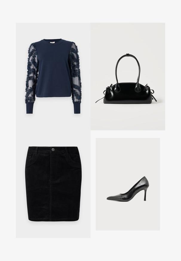 Sweatshirt bleu marine à manches longues avec des manches transparentes à volants. Tissu doux, poignets ajustés et embellissements floraux sur les manches. Encolure ronde.; Jupe en velours côtelé noir avec une coupe droite, fermeture à boutons, poches avant, texture ribbée et finition mate.; Chaussure à talons hauts pour femme noire brillante, à bout pointu et talon aiguille fin, vue de côté sur un fond clair uni.; Petit sac à main noir brillant avec deux longues anses et des détails à cordon sur les côtés sur un fond clair uni.