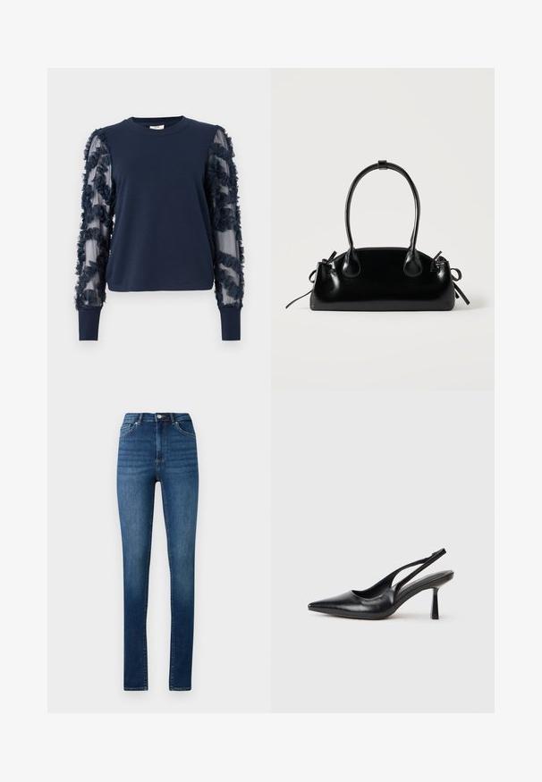 Marineblaues Langarm-Sweatshirt mit gerafften, durchsichtigen Ärmeln. Weicher Stoff, enganliegende Bündchen und Blumenverzierungen an den Ärmeln. Runde Ausschnitt.; Hochgeschnittene Skinny-Jeans aus mittelblauem Denim mit klassischem Fünf-Taschen-Design und Knopfverschluss.; Schwarzer Leder Slingback High Heel Schuh mit spitzer Zehenpartie und schmalem Absatz auf einem weißen Hintergrund.; Kleine schwarze glänzende Handtasche mit zwei langen Griffen und seitlichen Kordelzug-Details vor einfachem hellem Hintergrund.