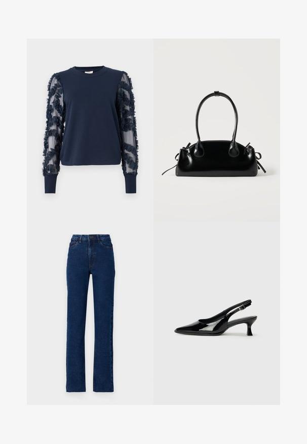 Marineblaues Langarm-Sweatshirt mit gerafften, durchsichtigen Ärmeln. Weicher Stoff, enganliegende Bündchen und Blumenverzierungen an den Ärmeln. Runde Ausschnitt.; Hoch geschnittene dunkelblaue Jeans aus Denim mit geradem Bein, fünf Taschen und kontrastierender Naht entlang der Nähte.; Schwarze Lackleder Slingback-Schuhe mit spitzem Zehenbereich und niedrigem Blockabsatz. Verstellbarer Riemen mit Schnalle am Knöchel.; Kleine schwarze glänzende Handtasche mit zwei langen Griffen und seitlichen Kordelzug-Details vor einfachem hellem Hintergrund.