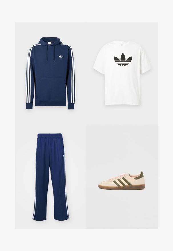 Mørkeblå hættetrøje med hvidt tre-stribet design på ærmerne, front-kængurulomme og lille hvidt brandlogo på brystet.; Hvid bomulds t-shirt med et stort sort Adidas trefoil-logo og tre vandrette striber nedenunder. Korte ærmer, rund halsudskæring.; Marineblå sportbukser med en afslappet pasform, udstyret med hvide sidestativer og elastisk talje. Glat stof, ingen synlige mønstre eller hardware.; Beige Adidas Spezial sneaker med lav profil, grønne striber, gummisål og "SPEZIAL"-branding på siden, vist fra ydersiden.