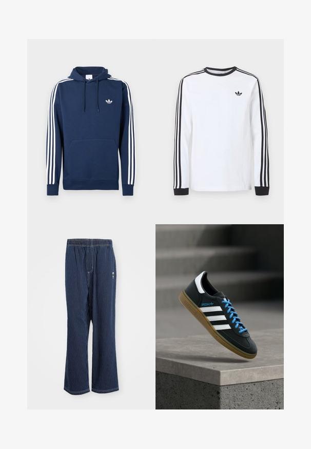 Marineblauer Hoodie mit weißem Drei-Streifen-Design an den Ärmeln, einer Kängurutasche vorne und einem kleinen weißen Markenlogo auf der Brust.; Weißes Adidas-Langarmshirt mit schwarzem Rundhalsausschnitt, schwarzen Bündchen, drei schwarzen Streifen an den Ärmeln und schwarzem Trefoil-Logo auf der Brust.; Marine gestreifte Hose mit hellblauen vertikalen Streifen, elastischem Bund, weit geschnittenem Bein und kleinem Logo an der Seite. Der Stoff hat eine glatte Textur.; Schwarzer Adidas-Sneaker mit weißen Streifen, blauen Schnürsenkeln und Gummisohle, der über einer grauen Betontreppe im weichen Licht schwebt.