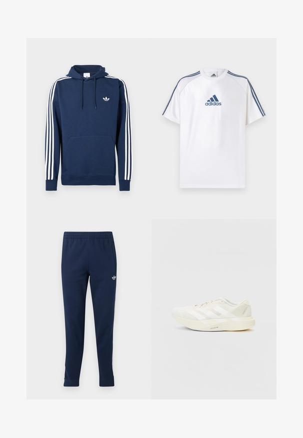 Marineblauwe hoodie met wit ontwerp van drie strepen op de mouwen, een kangaroozak aan de voorkant en een klein wit merklogo op de borst.; Wit Adidas T-shirt met blauwe accenten, korte mouwen en een ronde hals. Voorzien van het Adidas-logo in blauw aan de voorkant en drie strepen op de schouders.; Marineblauwe sportbroek met elastische taille, taps toelopende pijpen, zijzakken en een klein wit Adidas-logo op het bovenste linker bovenbeen.; Witte sportieve schoen met een bovenwerk van mesh, voorzien van drie witte strepen, een ronde neus en een lichtgekleurde zool met het label "LIGHTSTRIKE PRO."