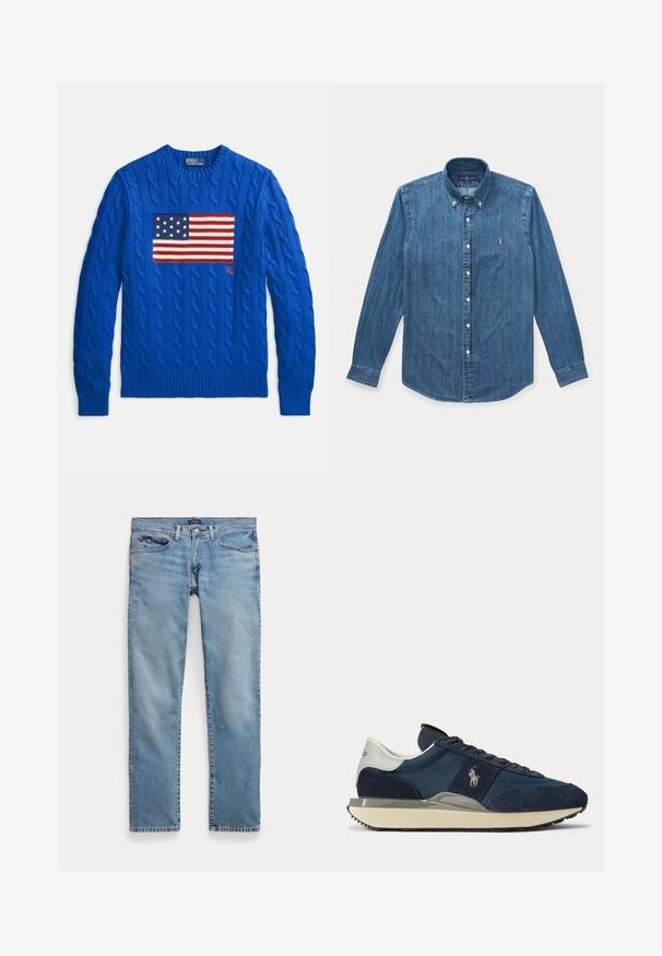Suéter azul de punto con un gran diseño tejido de la bandera estadounidense en el frente y puños y dobladillo acanalados. Presenta el logo de la marca.; Camisa vaquera azul de manga larga con botones, cuello y pequeño logo bordado en el pecho izquierdo.; Vaqueros de mezclilla azul claro de corte recto con bolsillos delanteros y cierre de botón, colocados planos sobre un fondo blanco.; Zapatilla azul marino y blanca con paneles de ante y tela, logotipo blanco en el lateral, lengüeta blanca en el talón y suela beige con tacos negros.