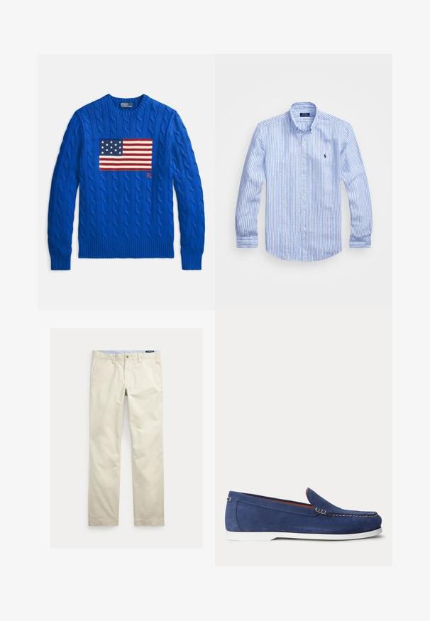 Blauwe kabelgebreide trui met een groot, gebreid ontwerp van de Amerikaanse vlag op de voorkant en geribbelde manchetten en zoom. Merkembleem aanwezig.; Blauw-wit gestreept overhemd met lange mouwen van katoen, met een button-down kraag, knopen aan de voorkant en een klein geborduurd logo op de borst.; Beige katoenen broek met rechte pijpen, riemlussen, voorste knoop, ritssluiting en zijzakken.; Blauwe suède loafer met witte zool en beige stiksels langs de bovenrand, afgebeeld tegen een effen witte achtergrond.