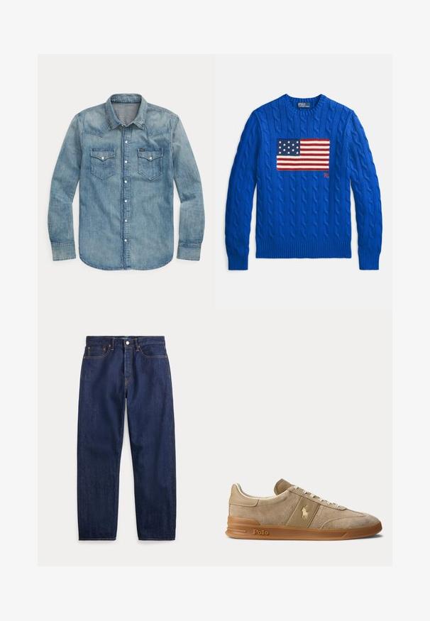 Blauwe kabelgebreide trui met een groot, gebreid ontwerp van de Amerikaanse vlag op de voorkant en geribbelde manchetten en zoom. Merkembleem aanwezig.; Lichtblauw denim overhemd met lange mouwen, knoopsluiting aan de voorkant, twee borstzakken met kleppen en een puntige kraag.; Donkerblauwe denim jeans met rechte pijpen, vijf zakken, knoopsluiting en zichtbare stiksels.; Beige suède en leren lage sneaker met gumzool, witte veters en Polo-logo op de zijkant en zool.