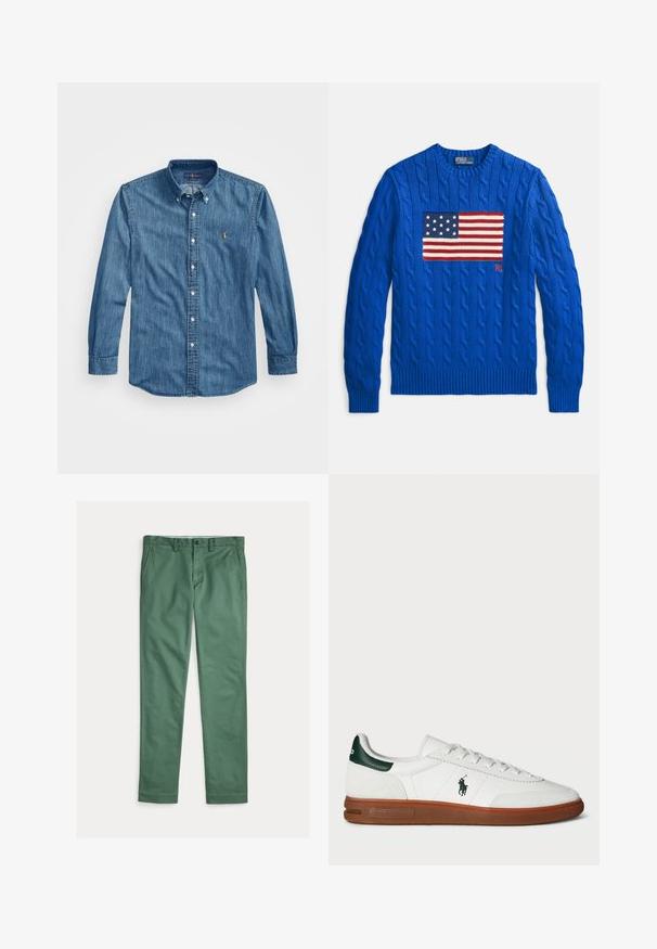 Sininen neulepusero, jossa suurella kirjotulla amerikkalaisen lipun kuvalla edessä sekä resorit hihansuissa ja helmassa. Brändin logo näkyvissä.; Napapirkkana denim-paita keskimäisessä sinisessä värissä, jossa on terävä kaulus, pitkät hihat ja pieni brodeerattu logo rinnassa. Pehmeä tekstuuri.; Vihreät suorat miesten housut, joissa etutaskut, vyölenkit ja nappikiinnitys, esitettynä tasaisena valkoisella taustalla.; Valkoinen nahkakenkä, jossa on vihreä kantapääkorostus, teksturoitu mokkangosa, kumipohja ja kirjailtu logo sivulla. Varustettu nauhakiristysdesignilla.