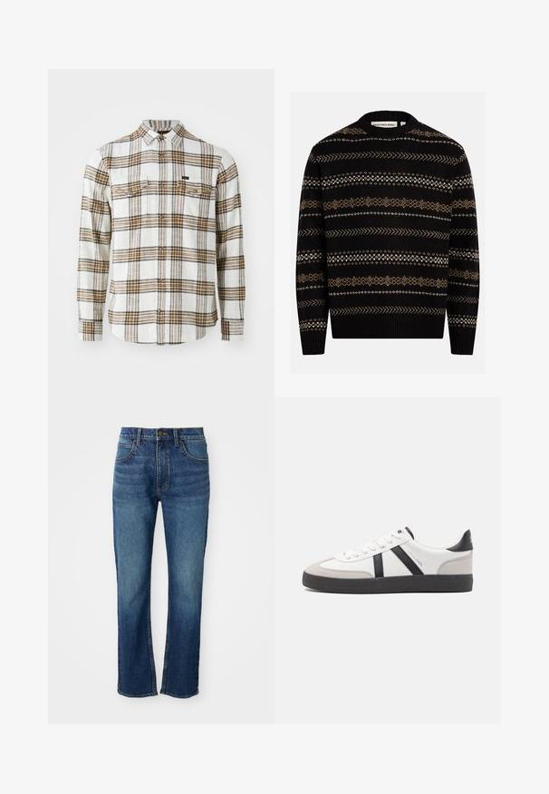 Zwarte gebreide trui met beige en witte horizontale geometrische patronen, lange mouwen, geribde boorden en zoom en een ronde hals.; Lee CLEAN WESTERN - Overhemd - ecru ochre plaid; Blauwe denim jeans met een rechte pijpdesign, voorzien van vijf zakken, een knoopsluiting en contrasterende gele stiksels. Gladde textuur.; Witte sneaker met zwarte en grijze accenten, voorzien van een grijze neus met textuur, zwarte rubberen zool en platte witte veters. Schoon ontwerp, minimalistische stijl.