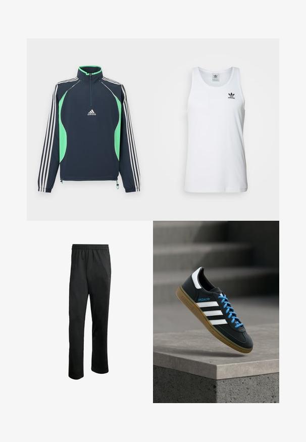 Mørkeblå pulloverjakke med kvart lynlås, lysegrønne accenter og hvide stribede ærmer. Har elastiske manchetter og snøre i kanten.; Hvid ribbet tanktop med rund halsudskæring, sort Adidas-logo på venstre bryst og uden ærmer. Blødt bommateriale, afslappet pasform.; Sorte træningsbukser med en komfortabel elastisk livline, to sidelommer og et glat, let stof. Har diskrete logo detaljer.; Sort Adidas sneaker med hvide striber, blå snørebånd og gummisål, der svæver over gråt betontrin i blødt lys.