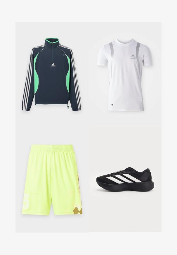 Veste à enfiler bleu marine avec une fermeture éclair quart, des accents vert vif et des manches rayées blanches. Comprend des poignets élastiques et un ourlet à cordon de serrage.; T-shirt de sport blanc à manches courtes avec des accents argentés, présentant un col rond et un logo Adidas sur la poitrine. Fabriqué en tissu évacuant l'humidité.; Shorts de sport jaune fluo avec taille élastique, présentant un logo "3" blanc et un motif géométrique doré sur le bas à droite.; Chaussure de running noire avec une semelle épaisse et trois bandes diagonales blanches sur le côté, vue de l'extérieur.