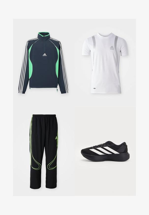 Veste à enfiler bleu marine avec une fermeture éclair quart, des accents vert vif et des manches rayées blanches. Comprend des poignets élastiques et un ourlet à cordon de serrage.; T-shirt de sport blanc à manches courtes avec des accents argentés, présentant un col rond et un logo Adidas sur la poitrine. Fabriqué en tissu évacuant l'humidité.; Pantalons de sport noirs Adidas avec des lignes courbes vert fluo et trois bandes sur les côtés, ceinture élastique et logo Adidas sur la cuisse avant.; Chaussure de running noire avec une semelle épaisse et trois bandes diagonales blanches sur le côté, vue de l'extérieur.