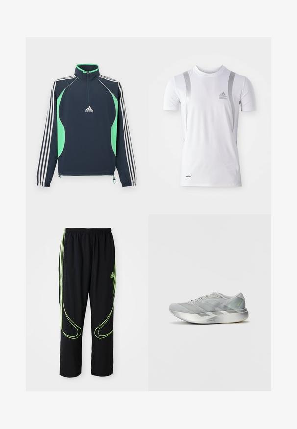 Tumesinise värviga pullover-tüüpi jakk, esiküljel veerandlukuga, erkroheliste detailidega ja valgete triibuliste varrukatega. Varustatud elastsete mansettide ja paelaga alläär.; Valge lühikeste varrukatega spordipaita hõbedaste detailidega, ümarate kaelustega ja Adidas'i logoga rinnal. Valmistatud niiskust eemaldavast kangast.; Mustad mustad Adidas spordipüksid, millel on neoonrohelised kumerad jooned ja kolm triipu külgedel, elastne vöökoht ja Adidas logo ees reie peal.; Kerge hall sportlik jalanõud, millel on stiilne disain, tekstureeritud ülemine osa, kolm diagonaalset riba ja peegeldav hõbedane tald.