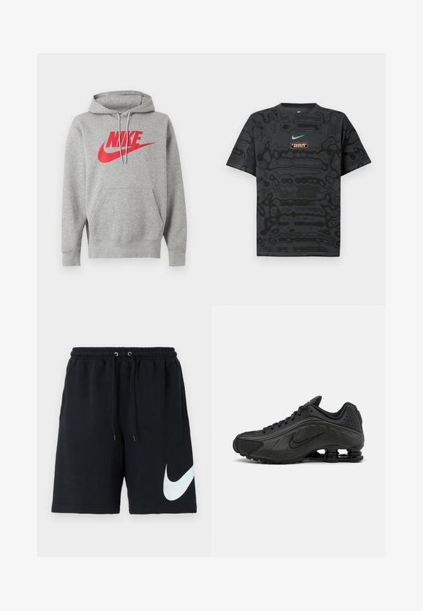 Hall kapuutsiga pusa esitasku ning punase "NIKE" logoga ja sümptomiga rinnal, kujutatud valgel taustal.; Must T-särk tekstuurse mustriga, millel on helesinine väike Nike logo ja ristkülikukujuline kontrastsetes värvides logomärk.; Must värvi puuvillased lühikesed püksid, millel on elastne vöökoht, pael, küljetaskud ja suur valge Nike logo prinditud vasakule küljele.; Mustad mustat jooksujalad, millel on sile sünteetiline ülemus, perforatsioonid, tekstureeritud külgpaneelid ja eristuv elastne tall.